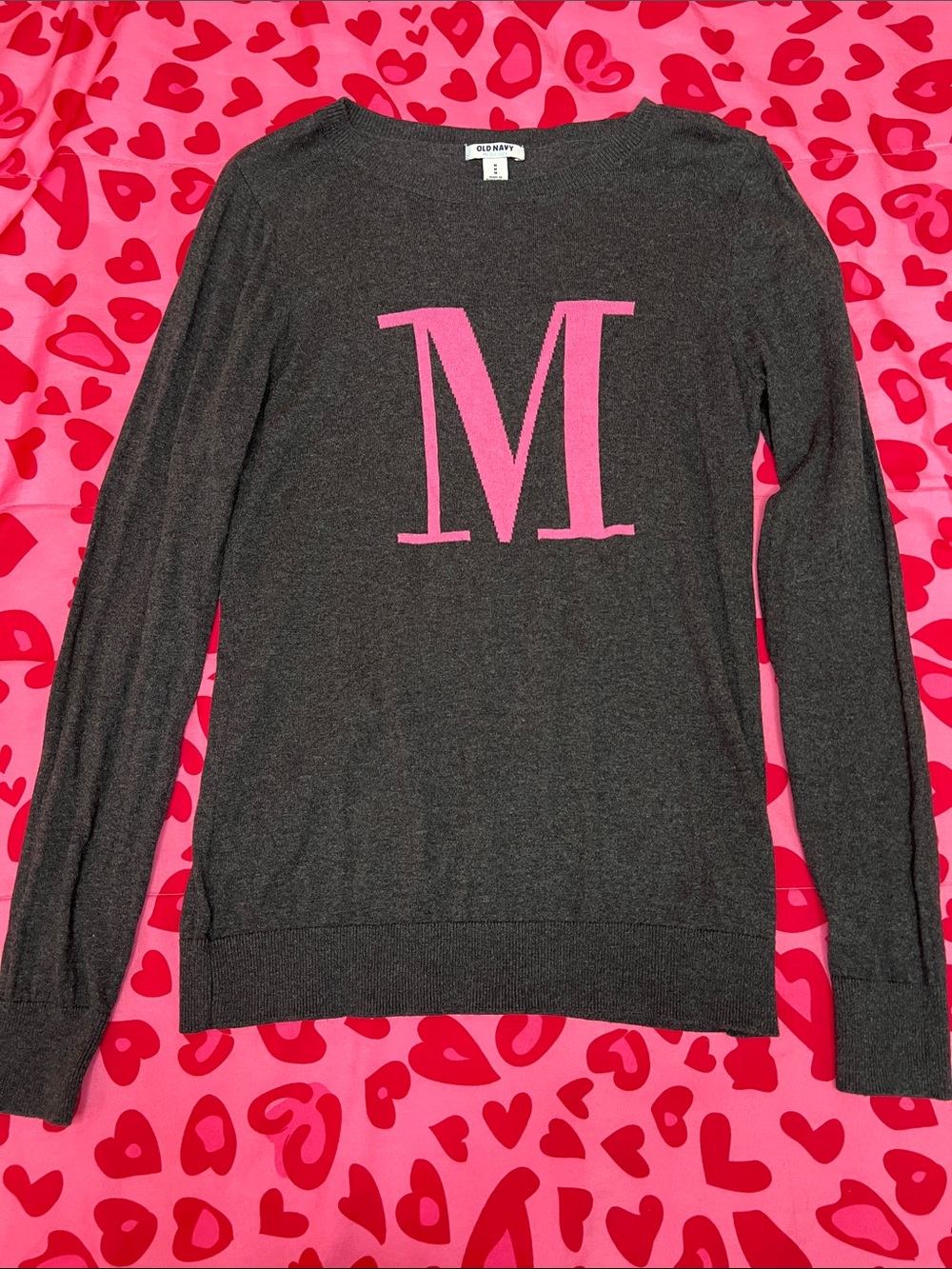 Old Navy Charcoal Sweater with Pink 'M' Graphic